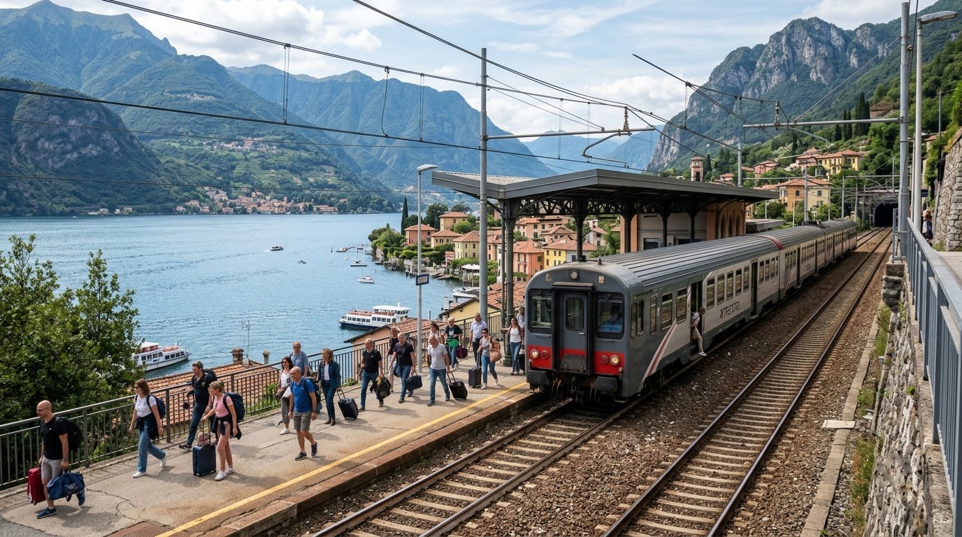 Regional train arriving at Varenna station above Lake Como