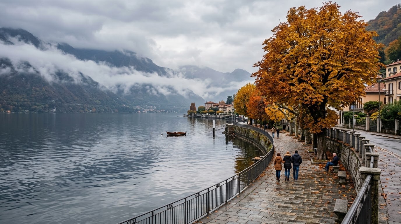 Autumn trees along the Lake Como promenade near Cernobbio