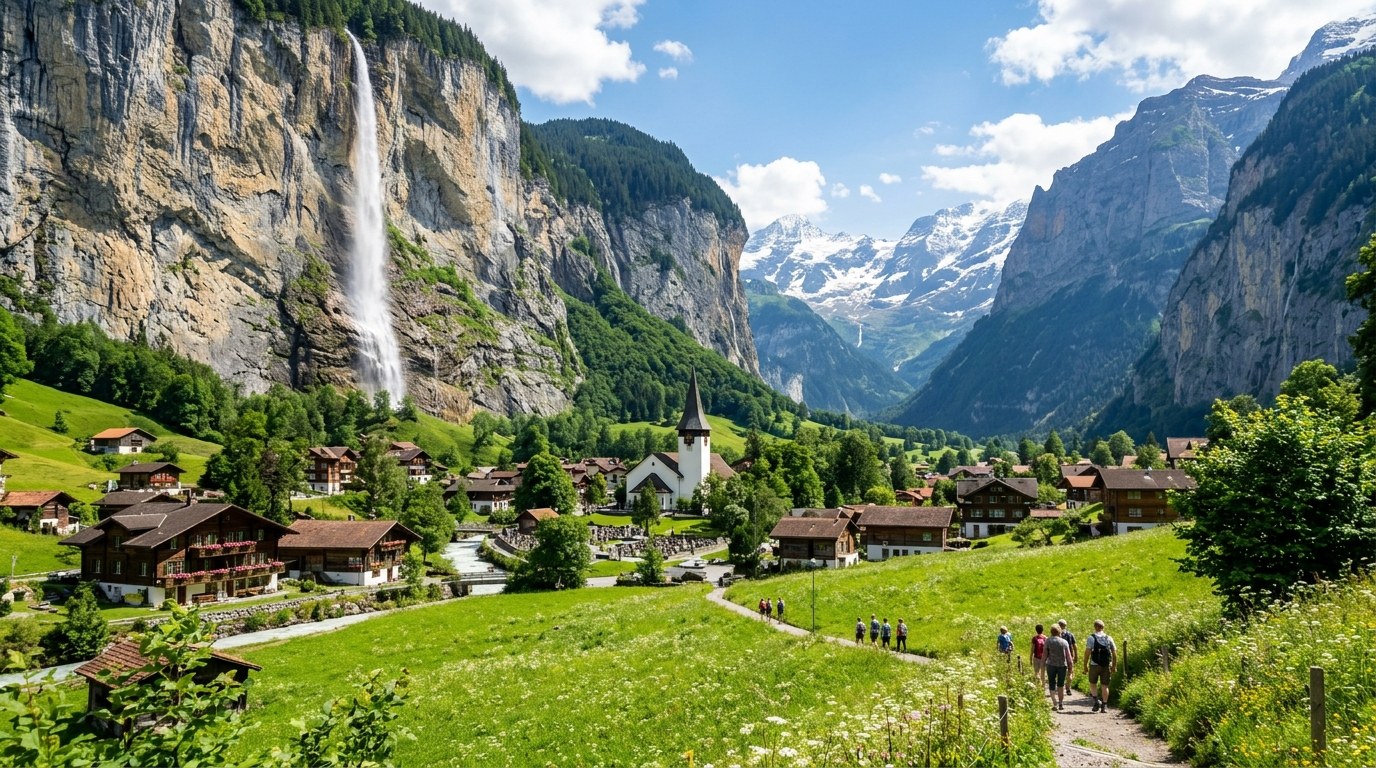 Staubbach Falls above Lauterbrunnen village church and chalets in Switzerland