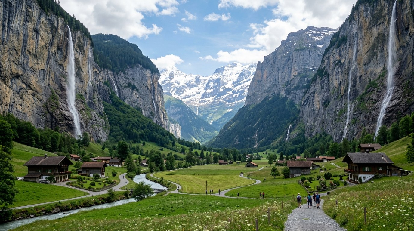Lauterbrunnen valley with sheer cliffs, waterfalls and the snowy Jungfrau massif