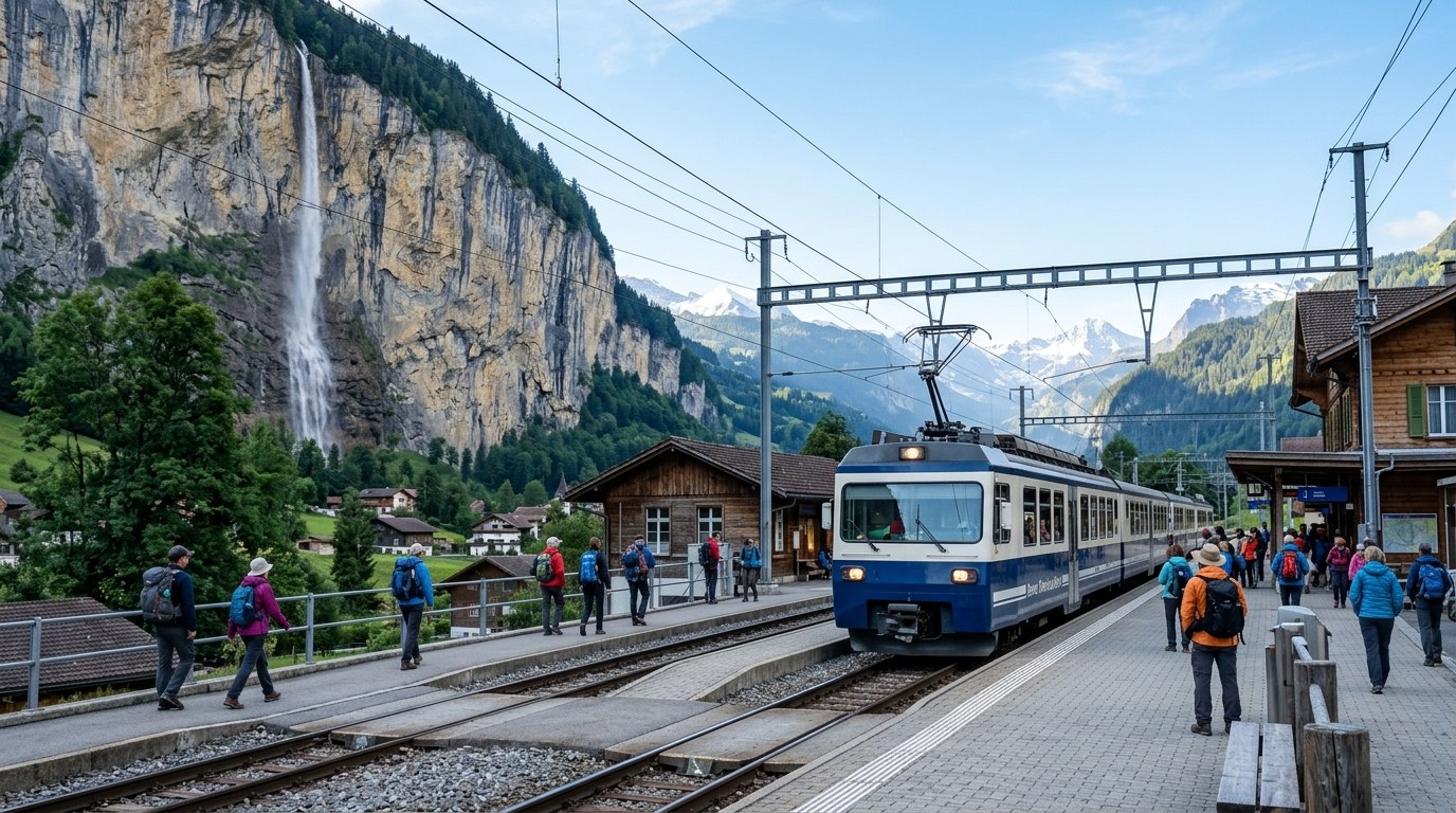 Swiss train arriving at Lauterbrunnen station below the valley cliffs