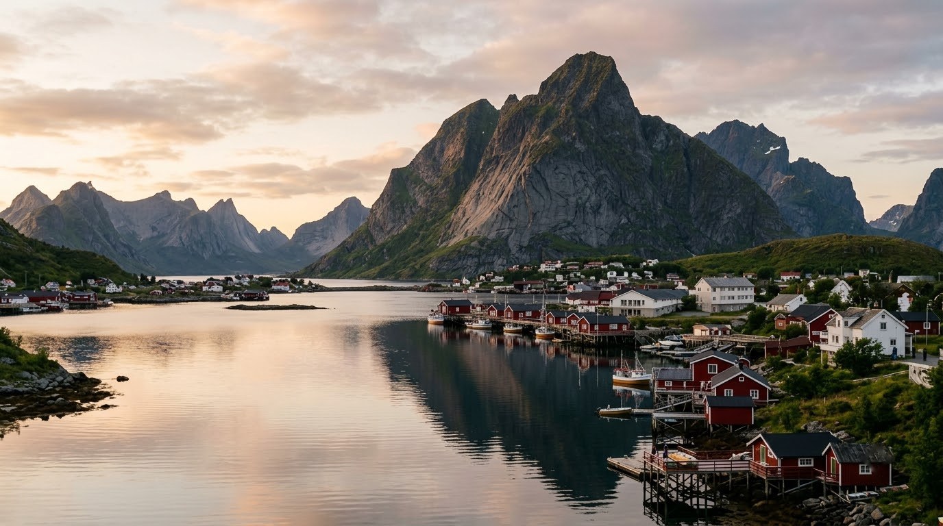 Red rorbu cabins in Reine beneath jagged peaks in the Lofoten Islands