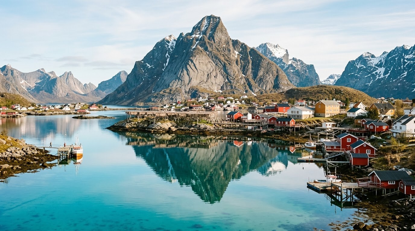 Hamnoy rorbuer and cod drying racks under Olstinden in Lofoten