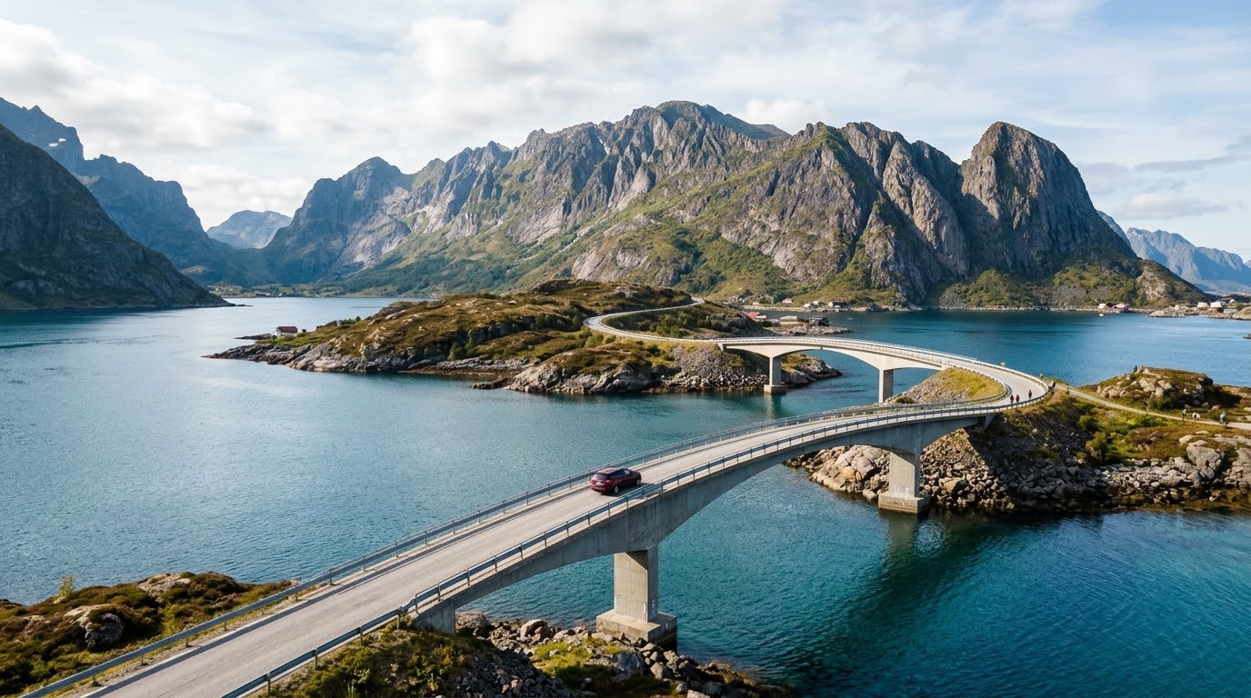 E10 coastal road and bridges crossing between islands in Lofoten, Norway