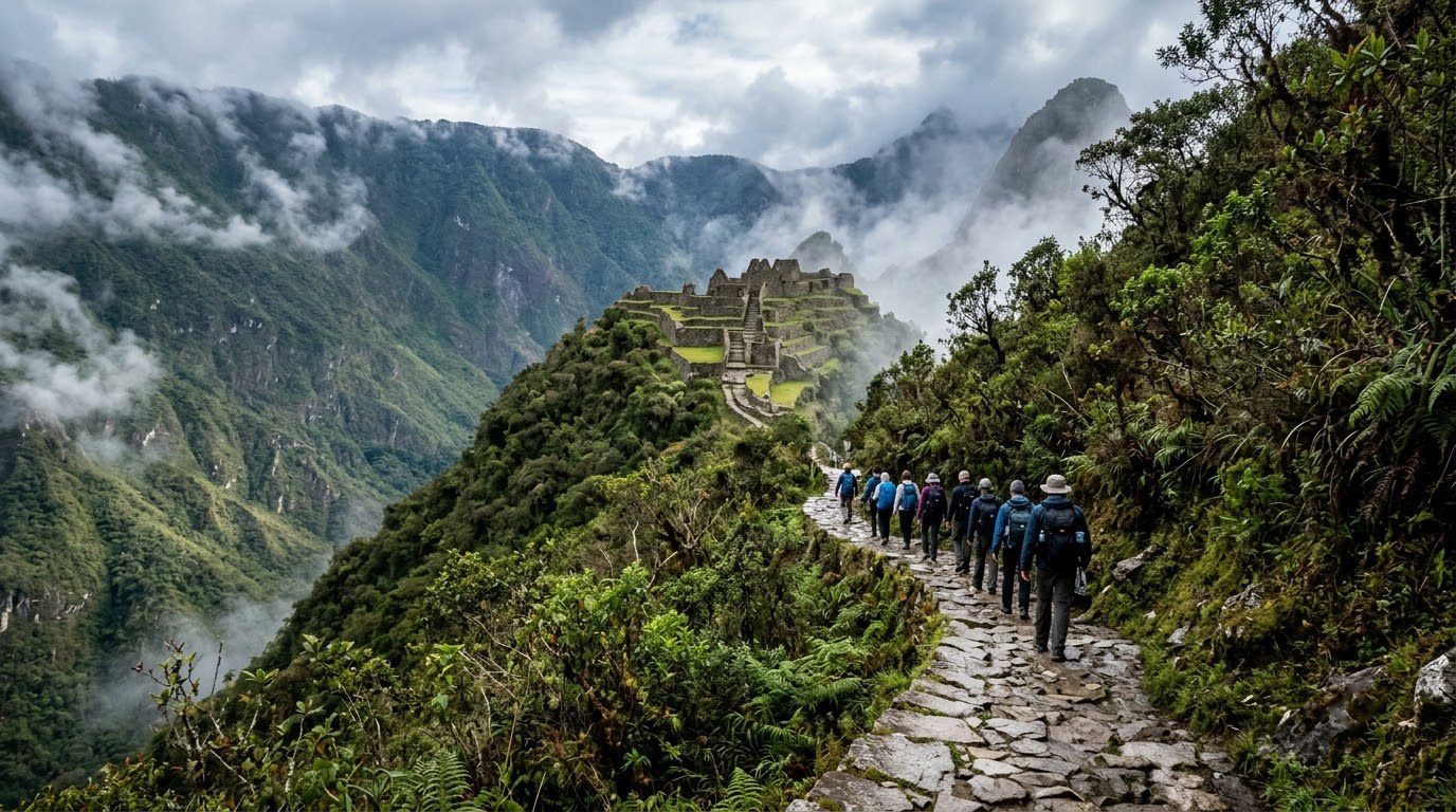 Hikers on the Inca Trail through the Andes toward Machu Picchu