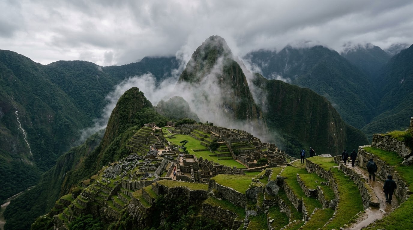 Clouds drifting over Machu Picchu and Huayna Picchu in the rainy season