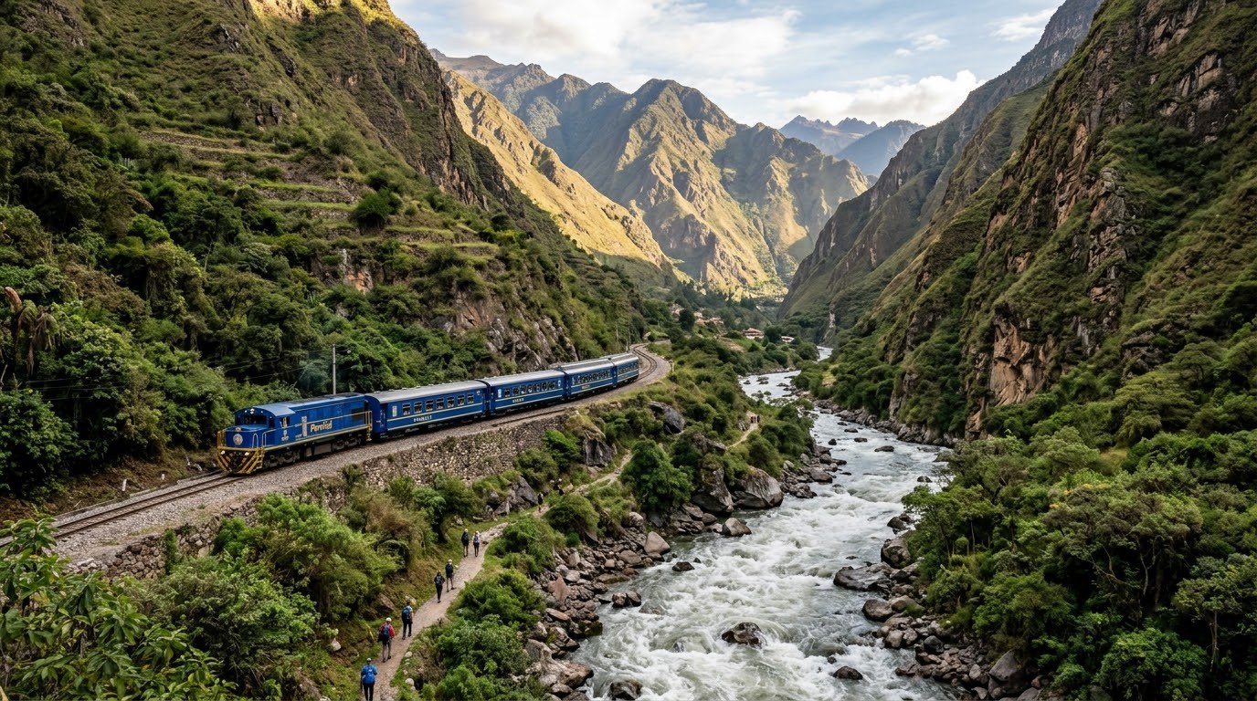 PeruRail train along the Urubamba River toward Machu Picchu, Peru