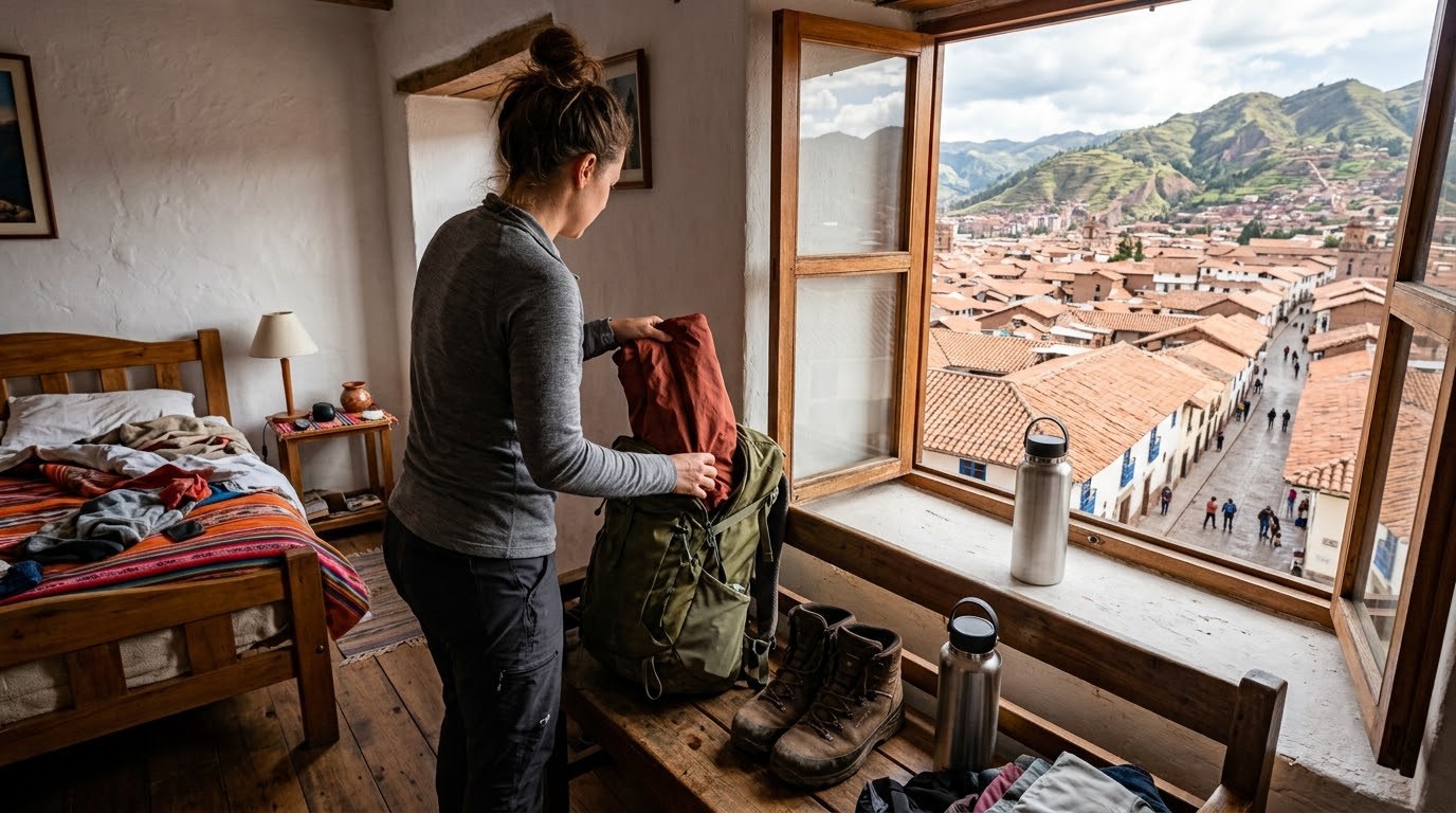 Traveller preparing gear in a Cusco guesthouse before visiting Machu Picchu