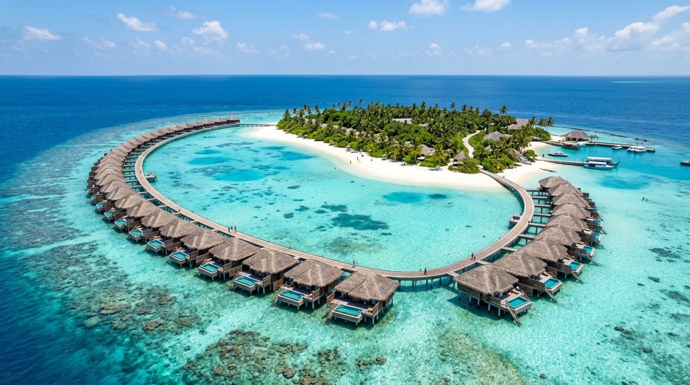 Overwater villas over a turquoise lagoon on a Maldives atoll