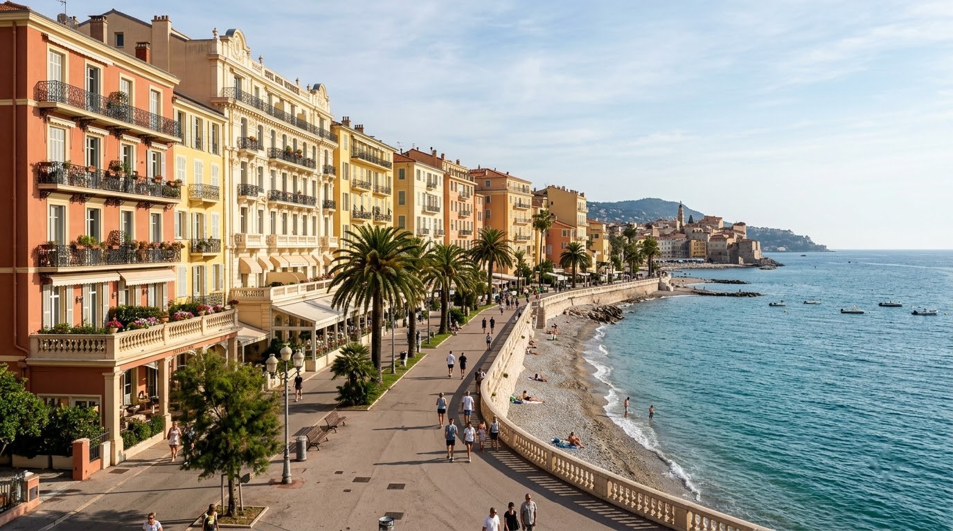 Belle Epoque seafront hotels along the Promenade du Soleil in Menton