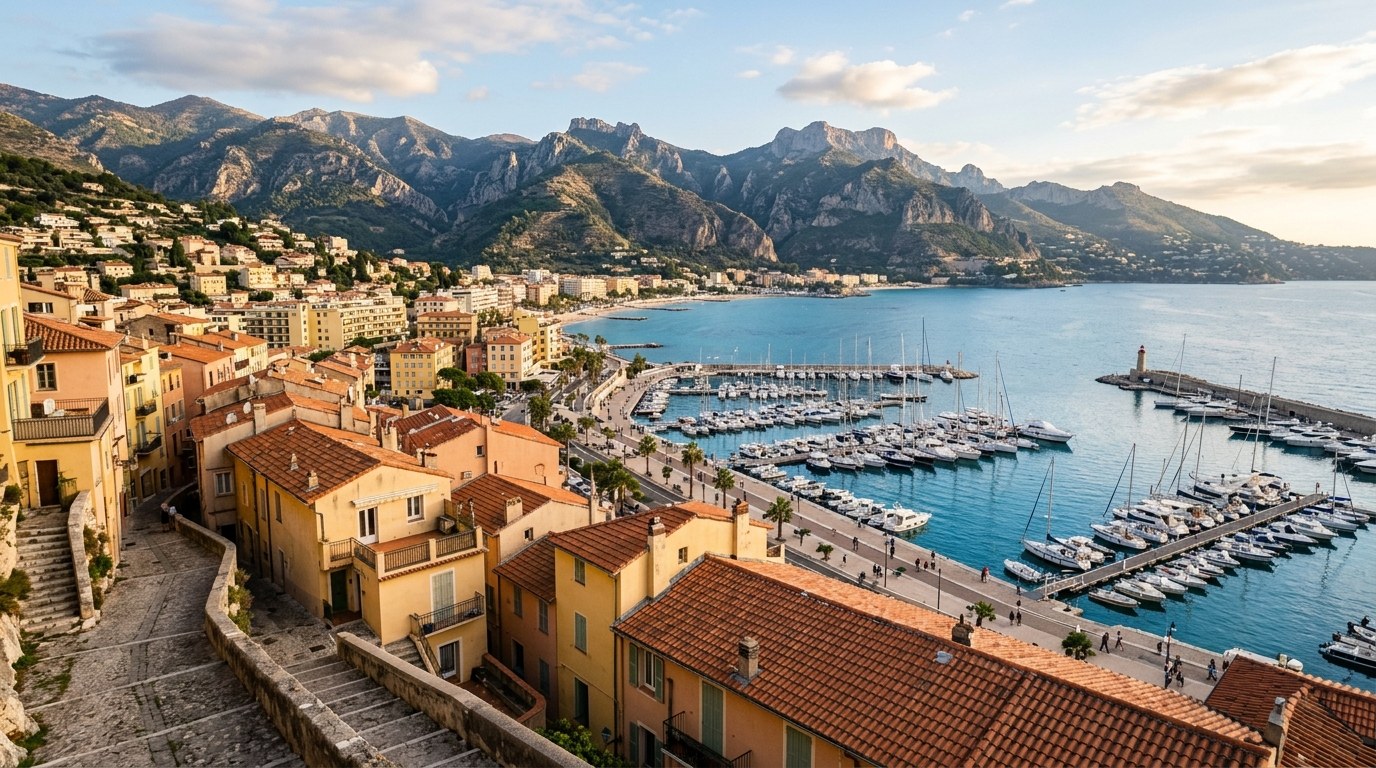 Menton old town, Garavan bay and harbour seen from above