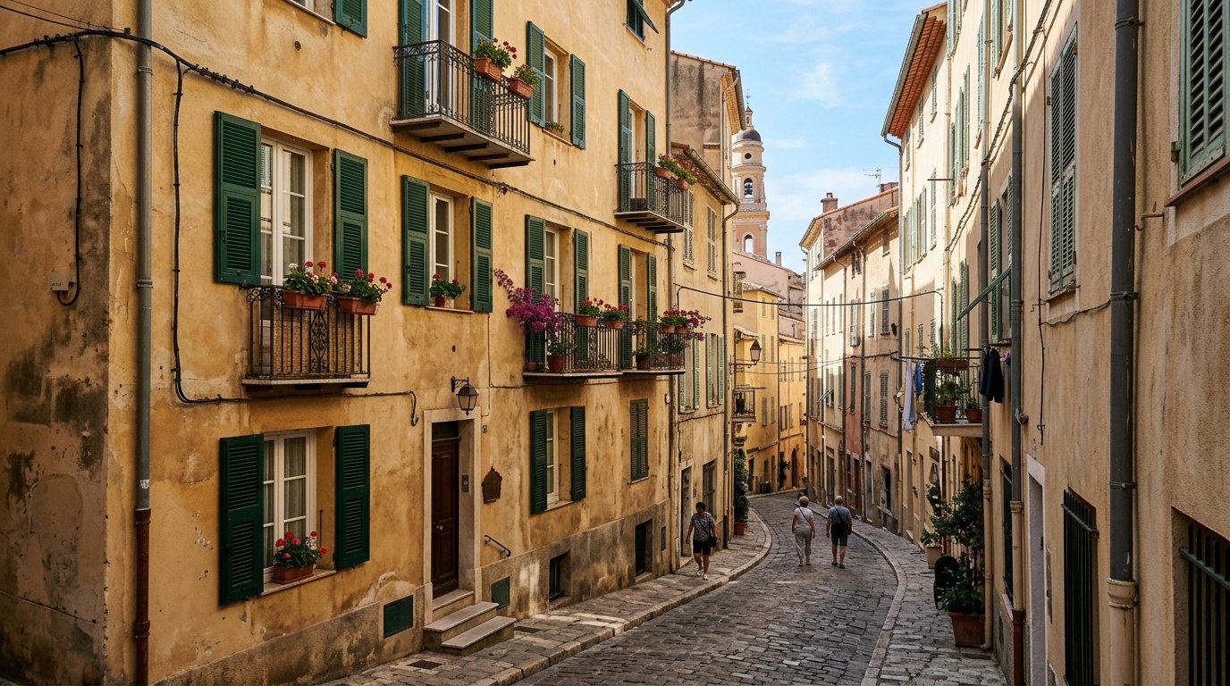 Budget hotel with green shutters in a narrow street of Menton