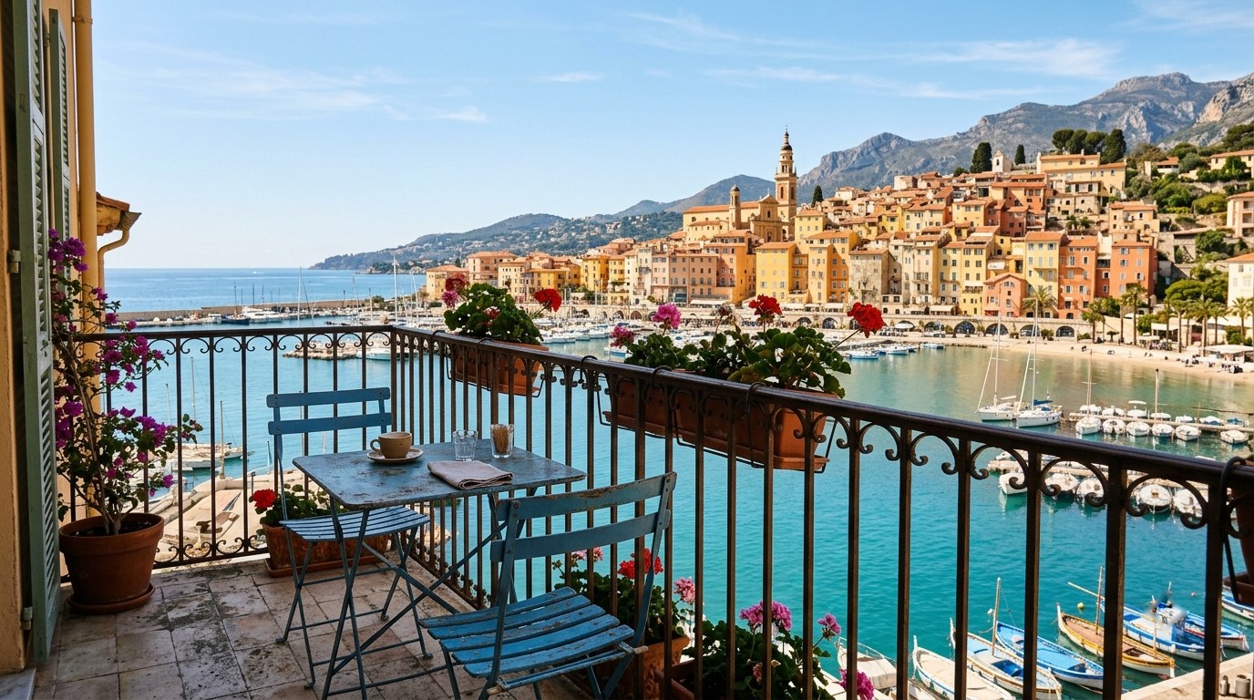 Boutique hotel balcony overlooking Garavan bay and old town in Menton