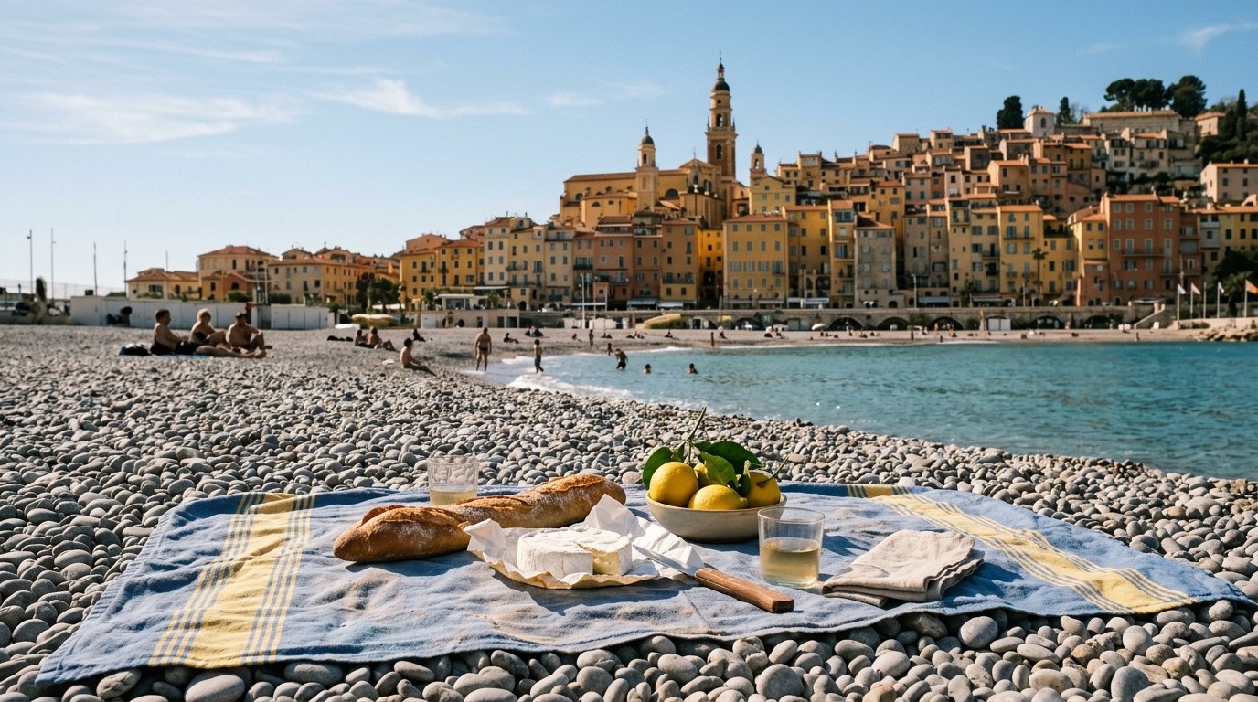 Budget picnic on the pebble beach below Menton old town