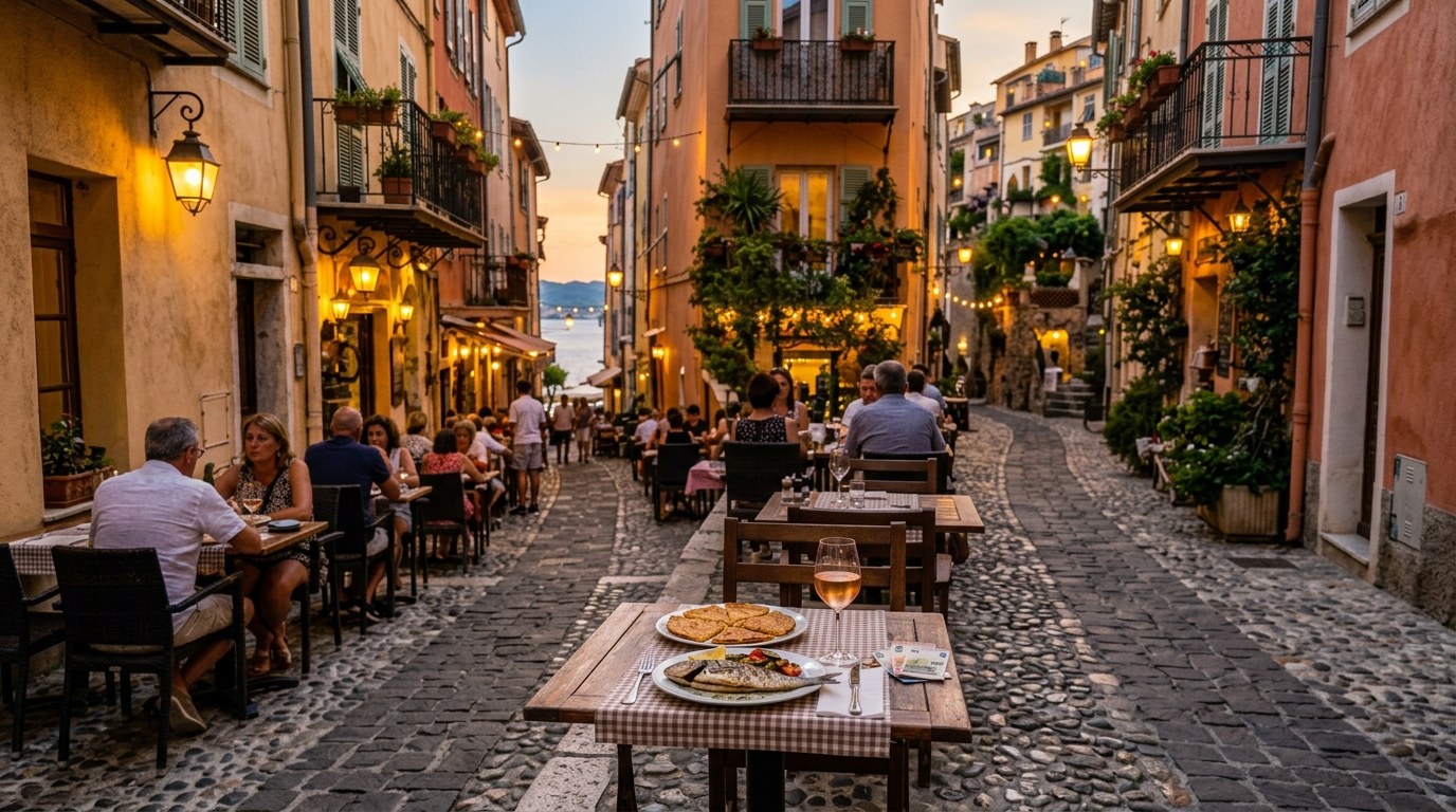 Mediterranean dinner with rose on a restaurant terrace in Menton