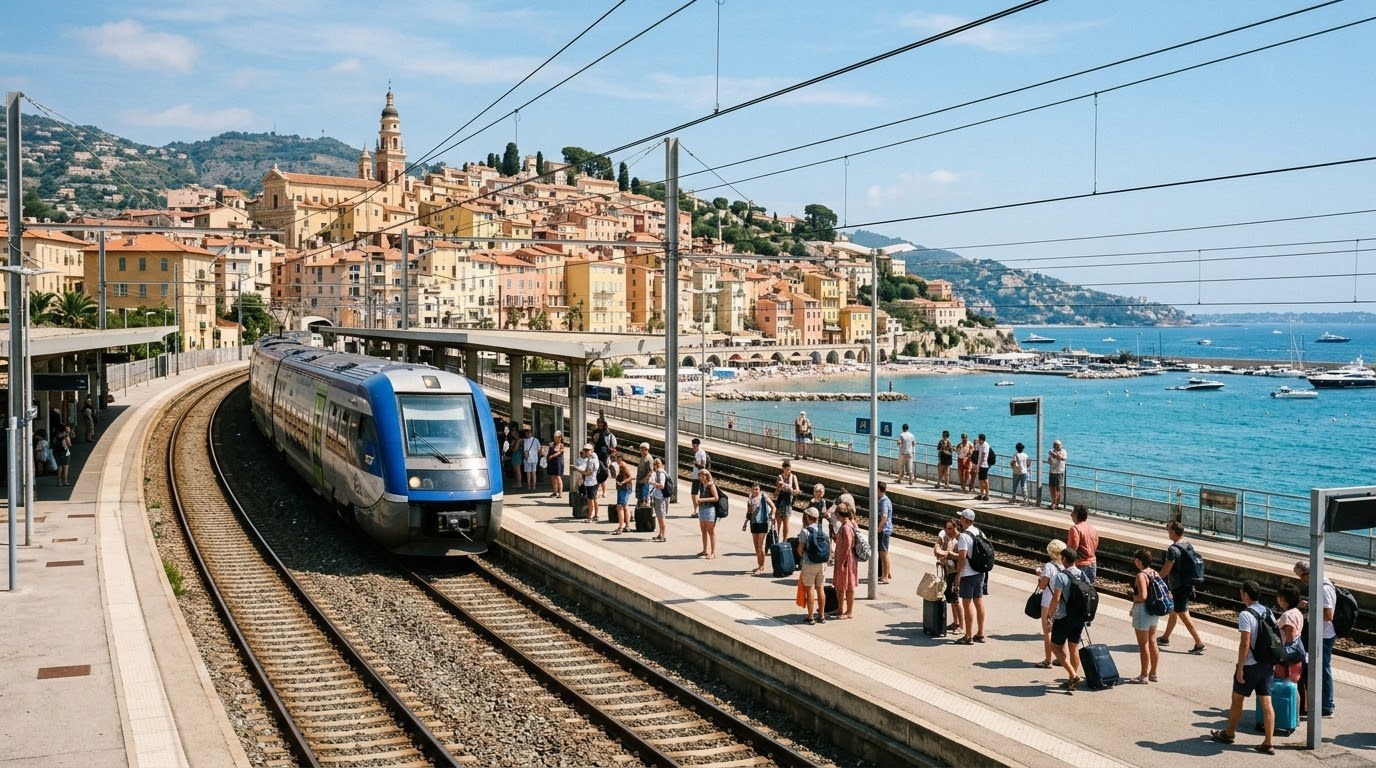 Regional coastal train arriving in Menton on the French Riviera