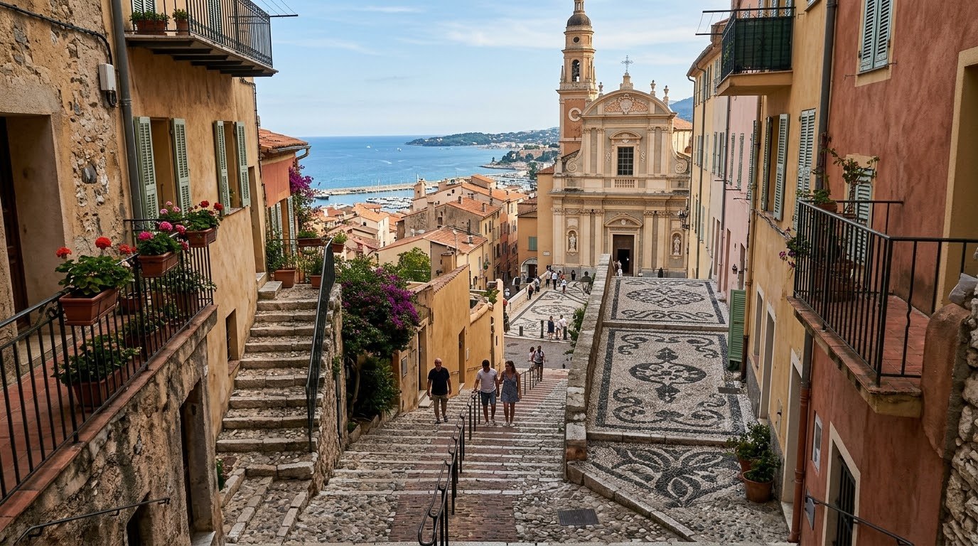 Pebble mosaic square before the Saint-Michel basilica in Menton old town