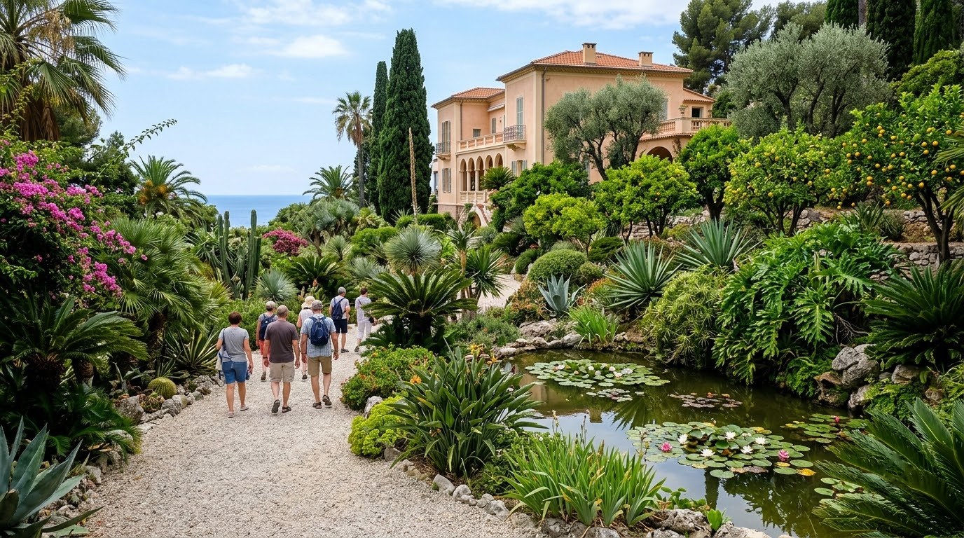 Subtropical plants and pond at Val Rahmeh botanical garden in Menton