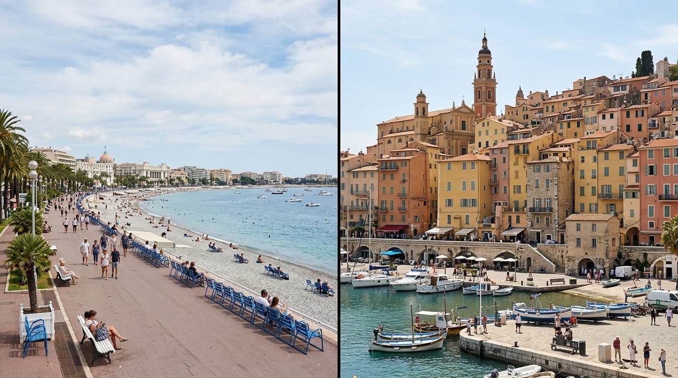 Comparison of busy Nice Promenade des Anglais and quieter Menton old town