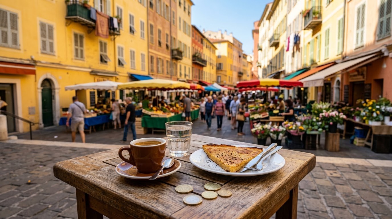 Coffee, socca and euro coins at a cafe in Nice old town
