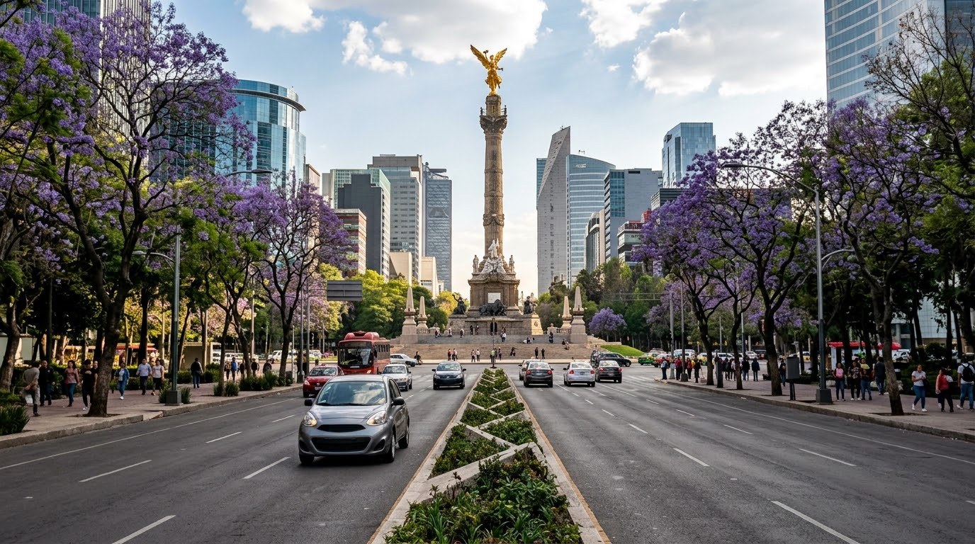 Rental car on Paseo de la Reforma near the Angel of Independence, Mexico City