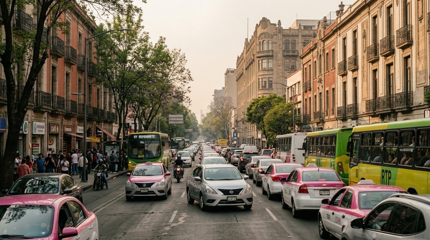 Rental car in heavy rush-hour traffic in Roma Norte, Mexico City