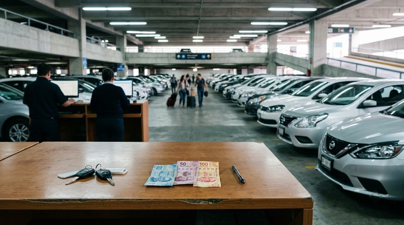 Car keys and Mexican peso banknotes on a rental desk in Mexico City