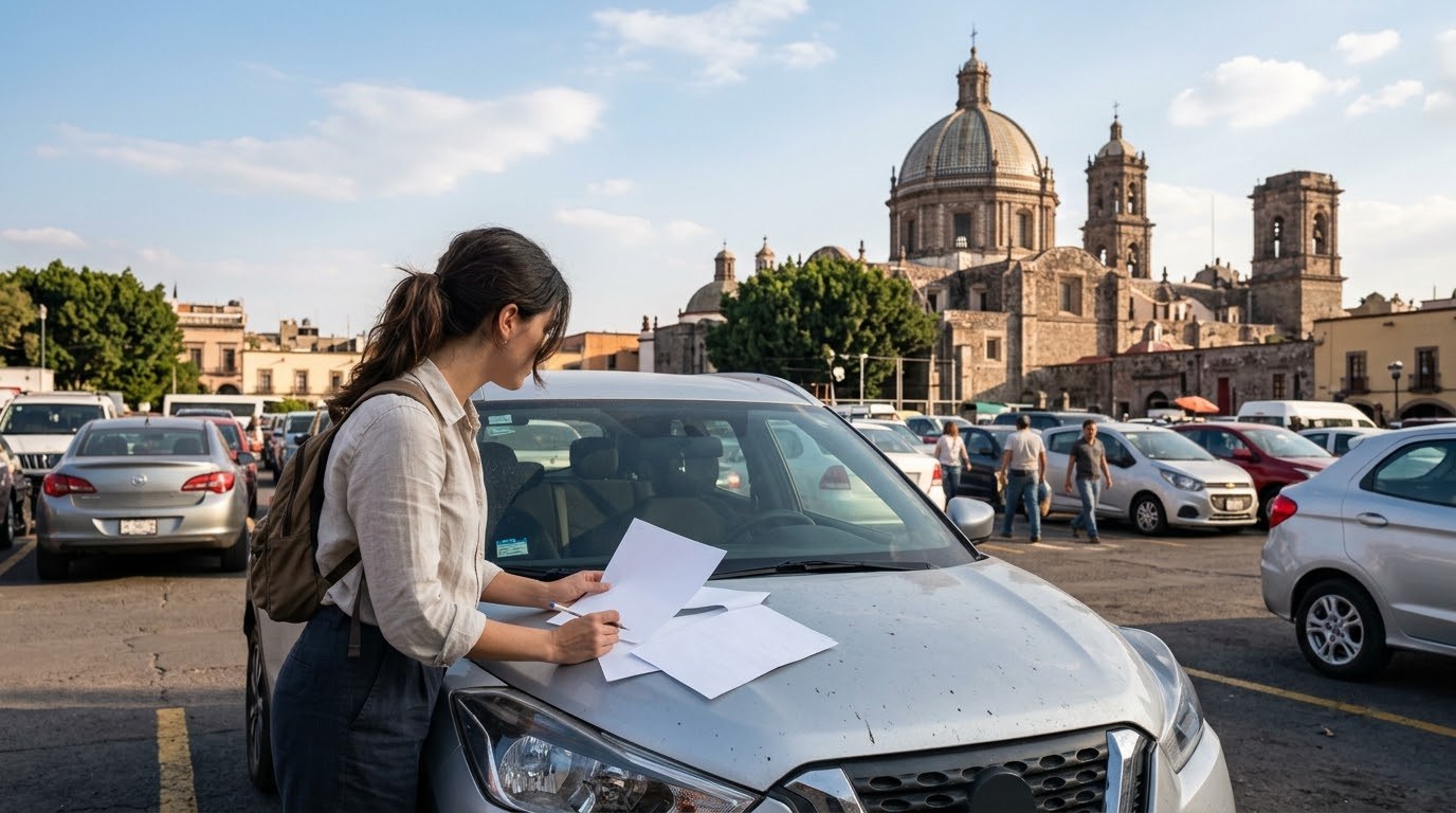 Traveller checking rental insurance documents beside a car in Mexico City