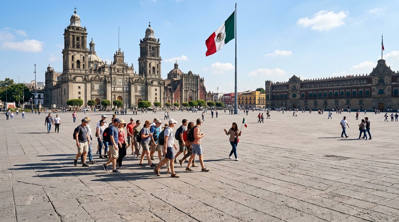 Tour group crossing the Zocalo before the Metropolitan Cathedral in Mexico City