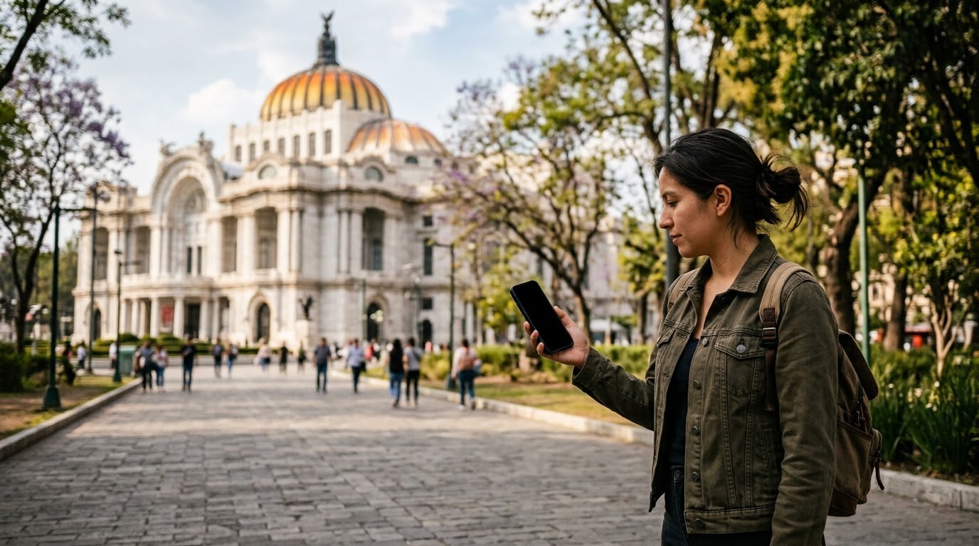 Traveller booking a tour on a phone near Palacio de Bellas Artes, Mexico City