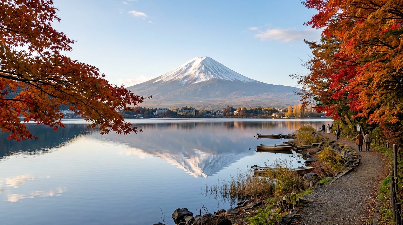 Snowcapped Mount Fuji reflected in Lake Kawaguchiko with autumn maples