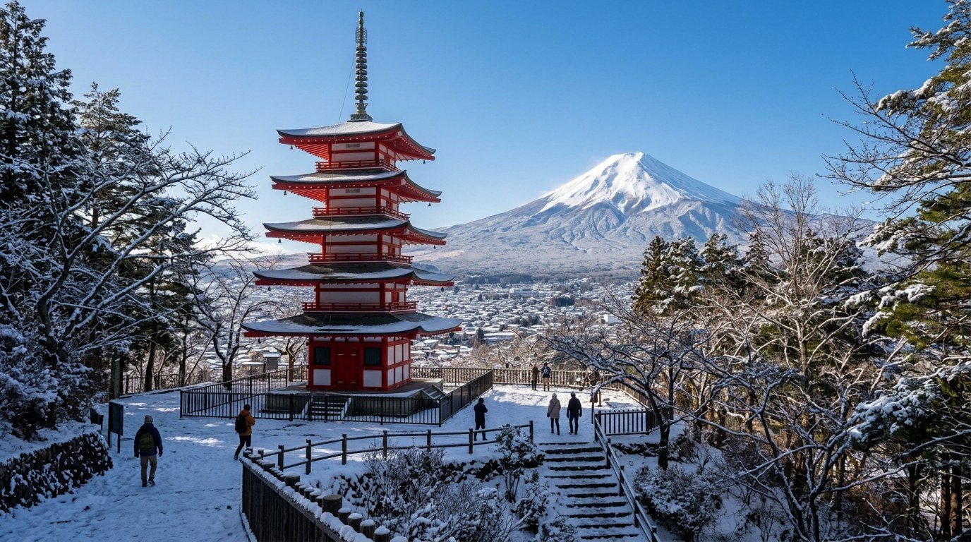 Chureito Pagoda and snow-covered Mount Fuji on a clear winter morning