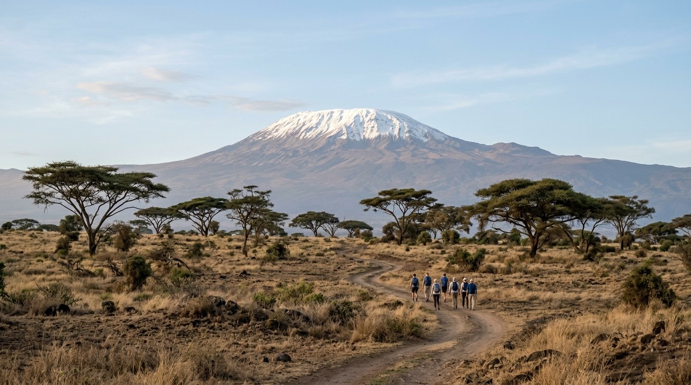 Snow-capped Kilimanjaro summit above acacia savanna in Tanzania