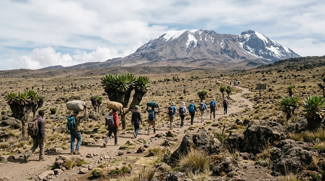 Trekkers on Kilimanjaro's Machame route with giant groundsels and Kibo summit