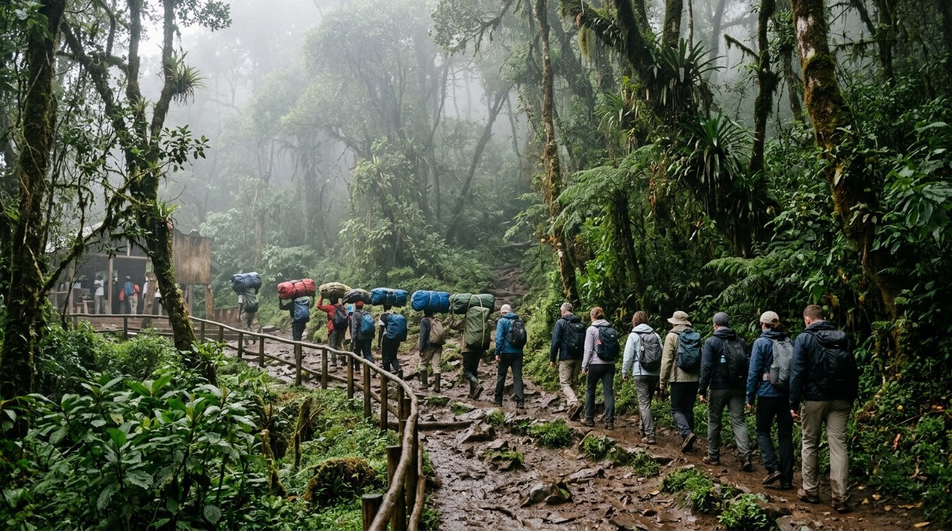 Porters and trekkers starting from the Machame Gate rainforest on Kilimanjaro