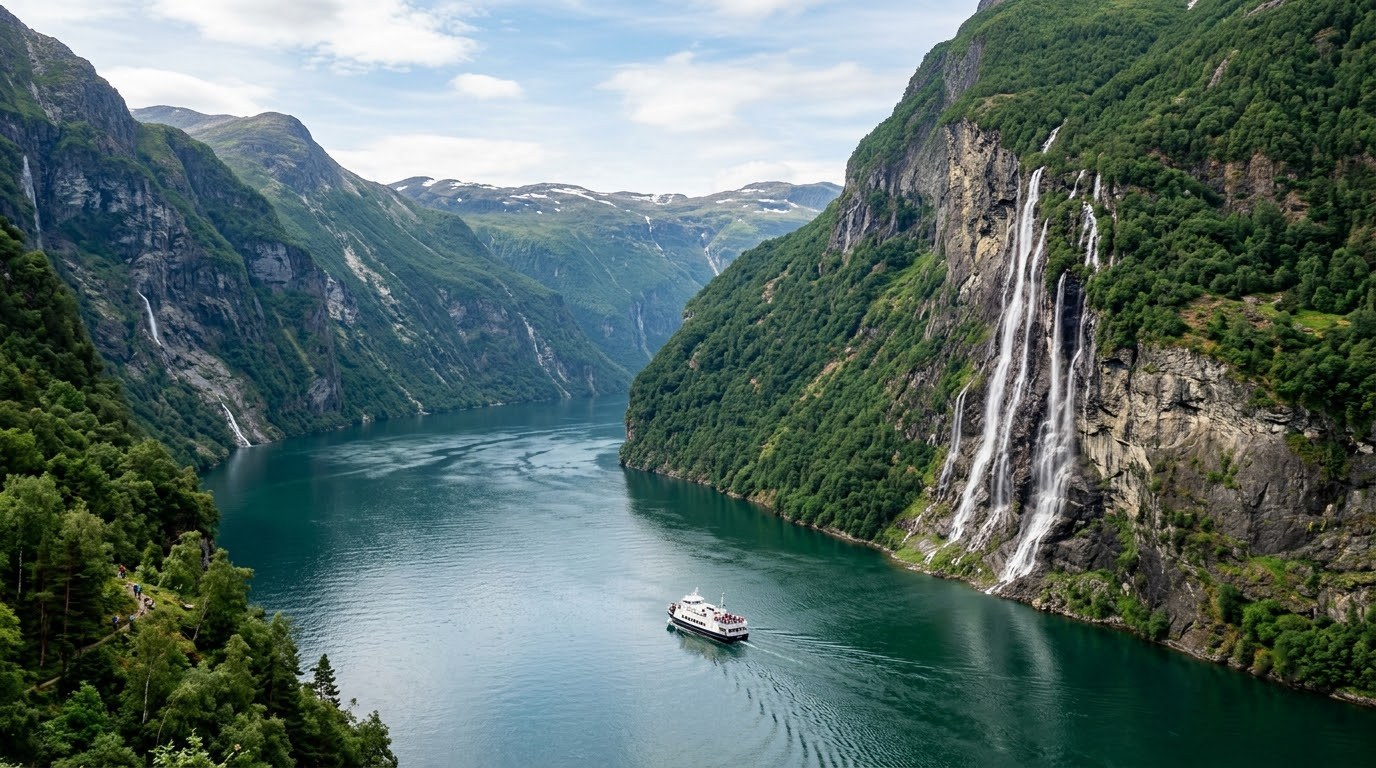 Geirangerfjord with the Seven Sisters waterfall and a ferry in Norway