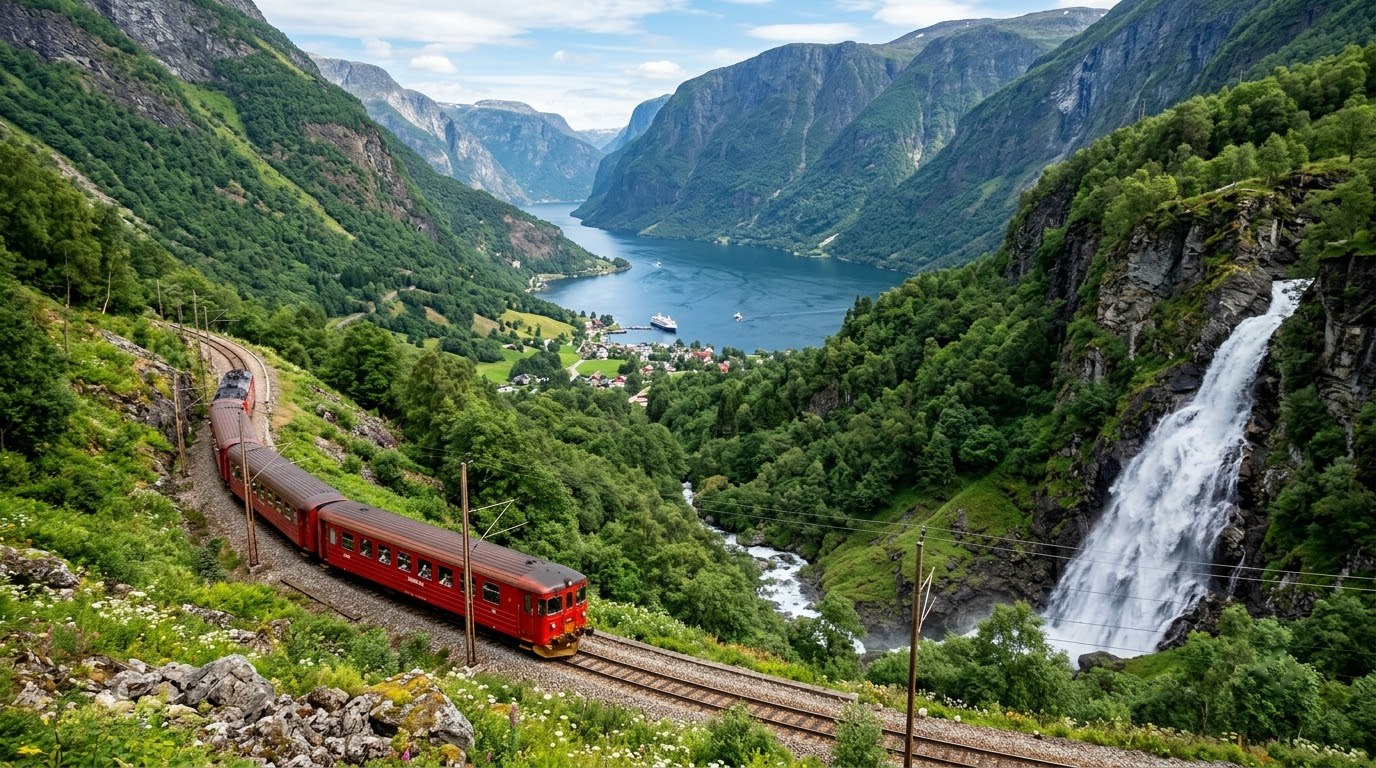 Flam Railway train descending a steep valley toward the Norway fjords