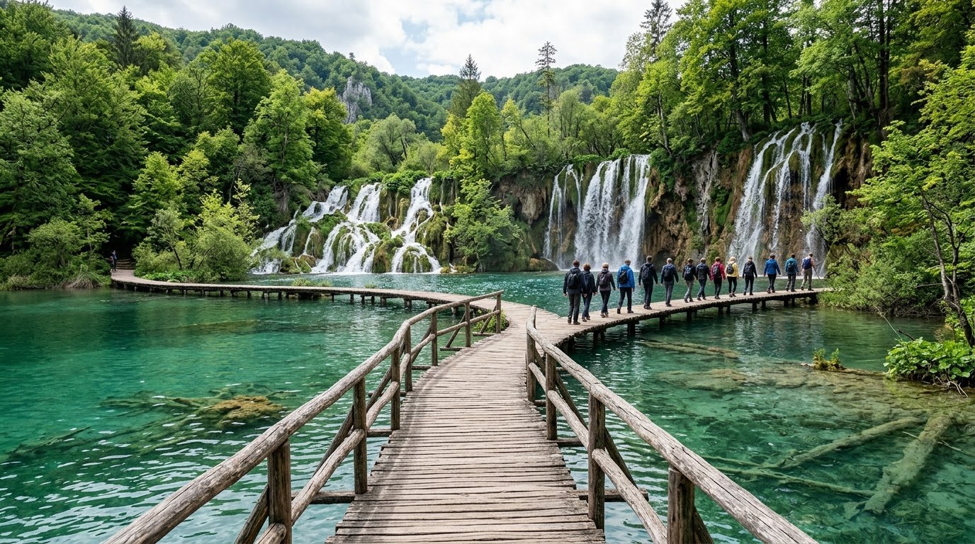 Wooden boardwalks over turquoise lakes and waterfalls at Plitvice Lakes, Croatia
