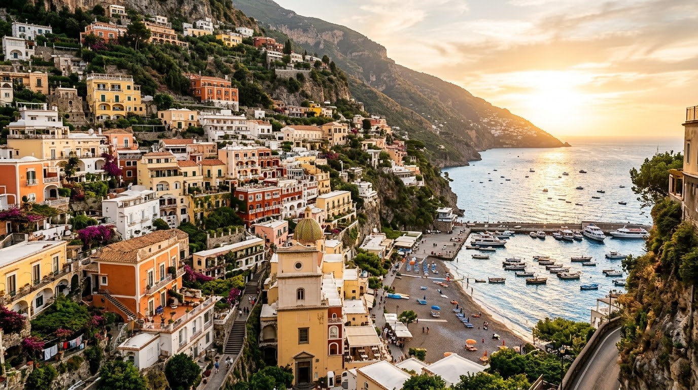 Hotels stacked on the Positano hillside above the harbour at golden hour