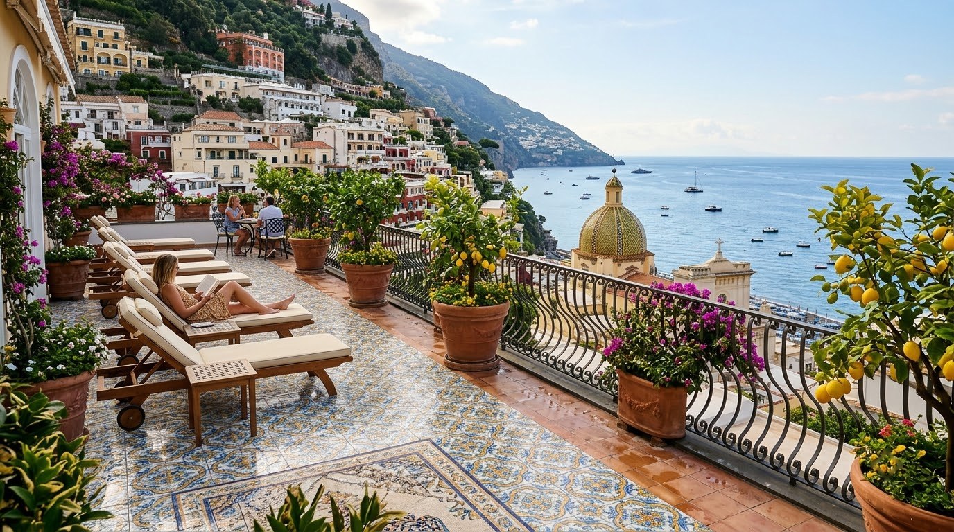 Majolica-tiled hotel terrace with lemon trees overlooking Positano
