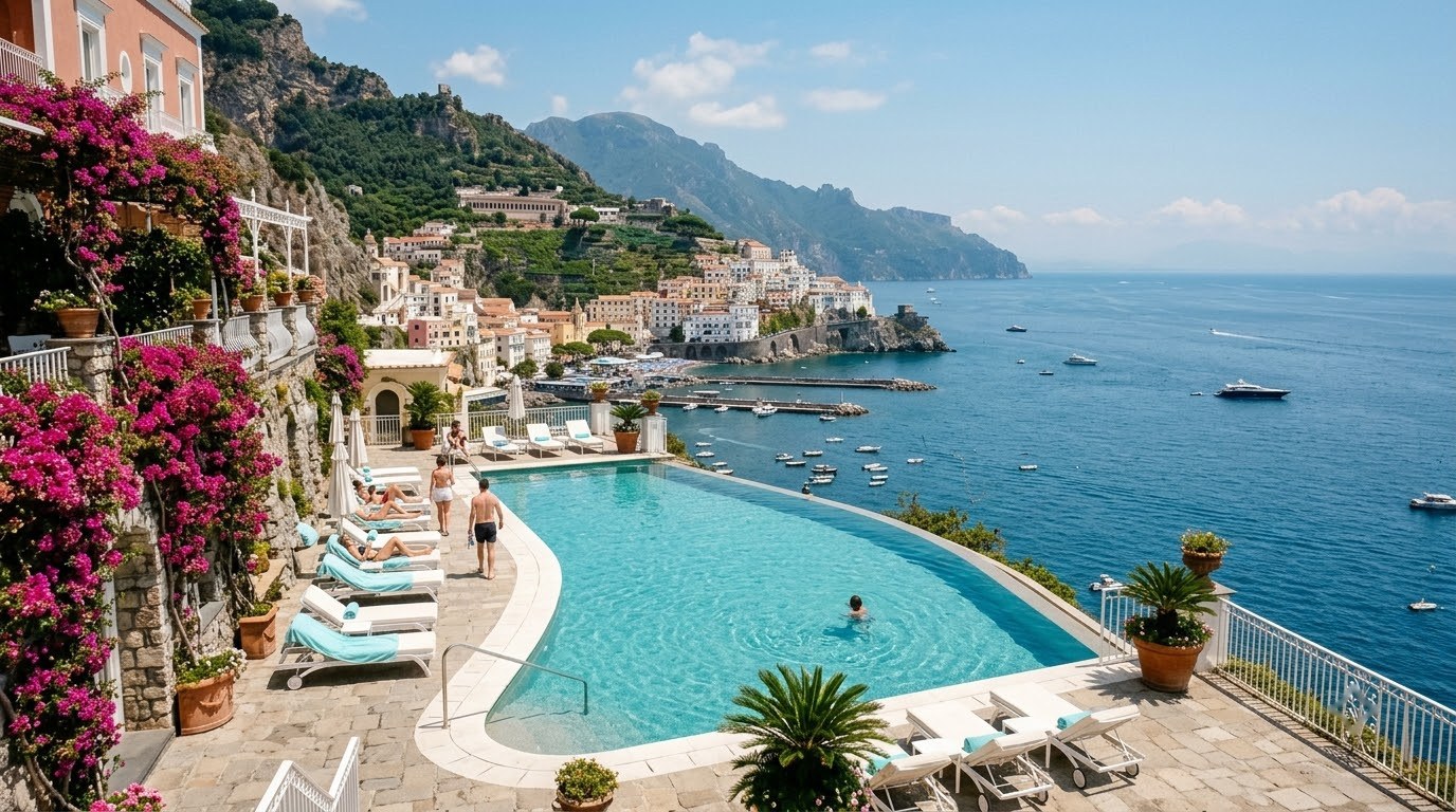 Luxury cliffside hotel pool above Positano on the Amalfi Coast