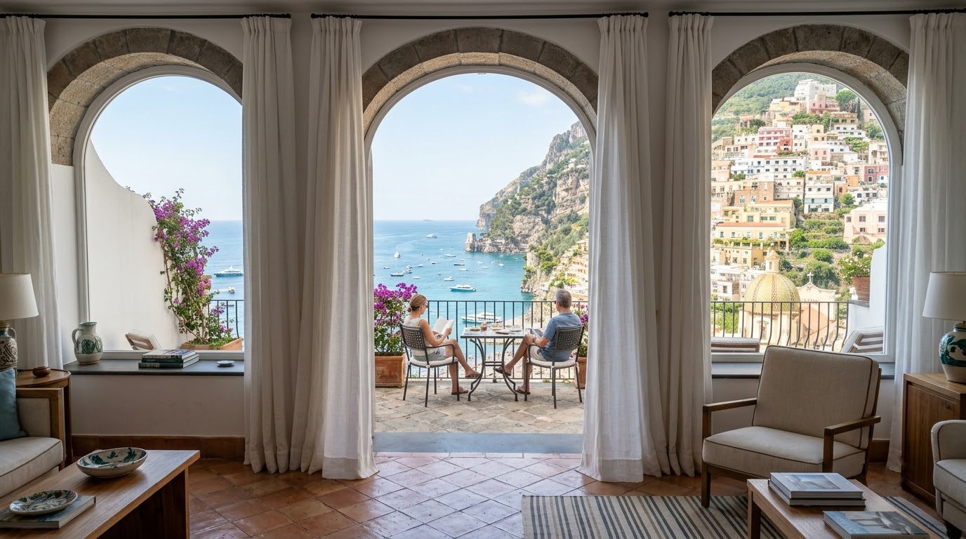 Luxury hotel suite with private terrace overlooking Positano