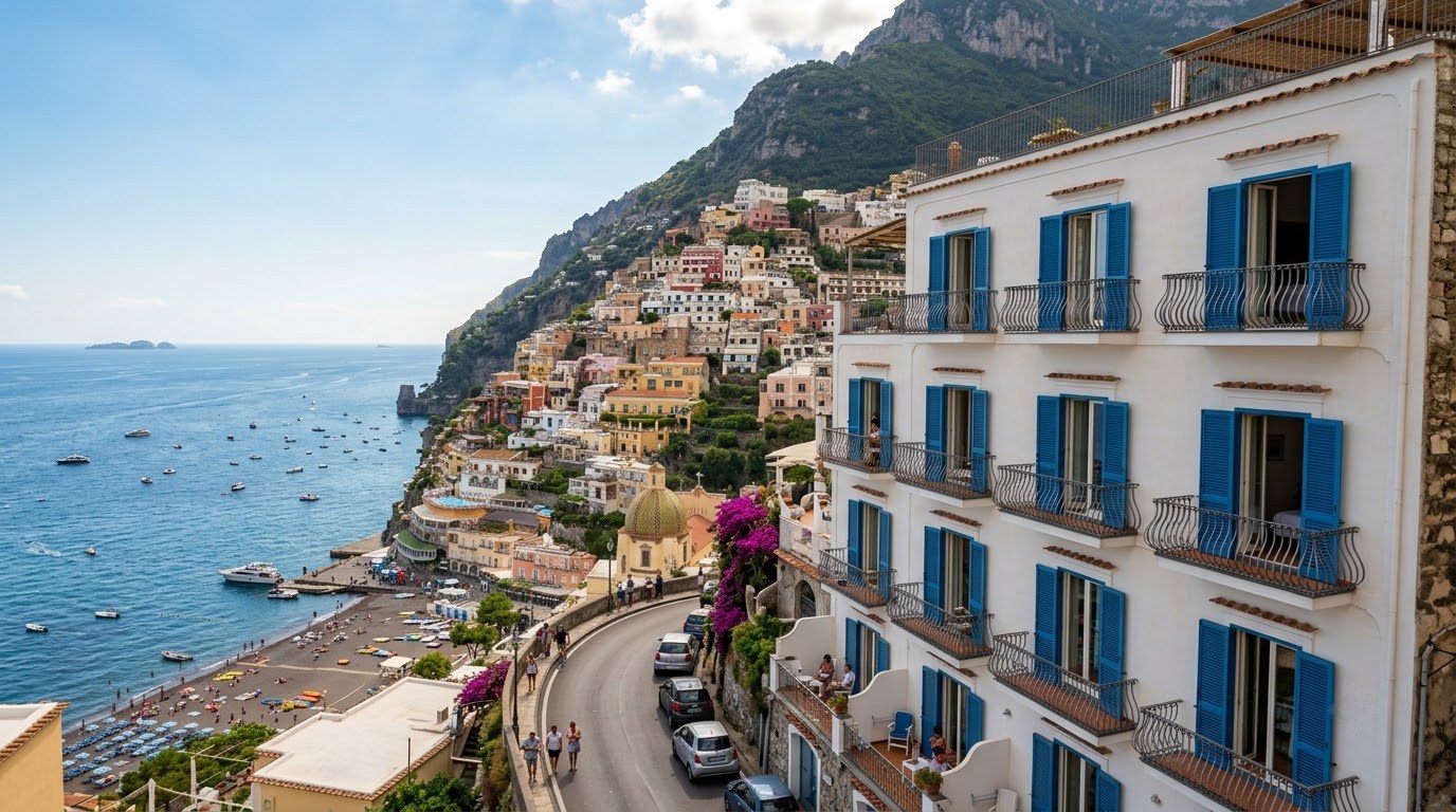 Mid-range family hotel with sea-view balconies on Via Pasitea, Positano
