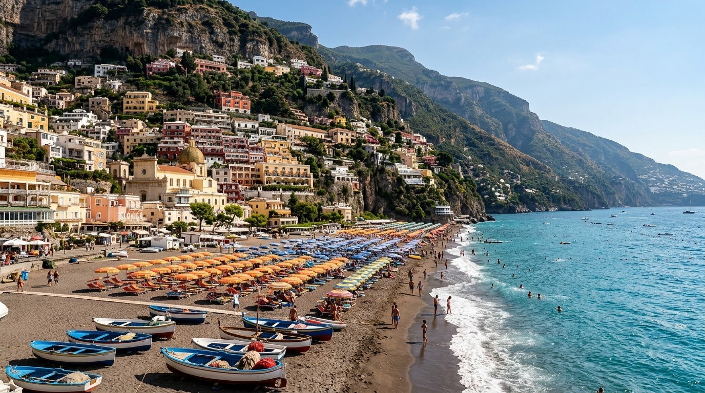 Spiaggia Grande beach and the colourful town of Positano
