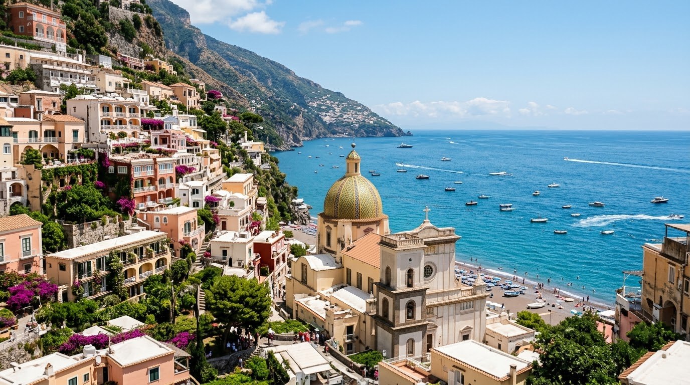 Majolica dome of Santa Maria Assunta church in Positano
