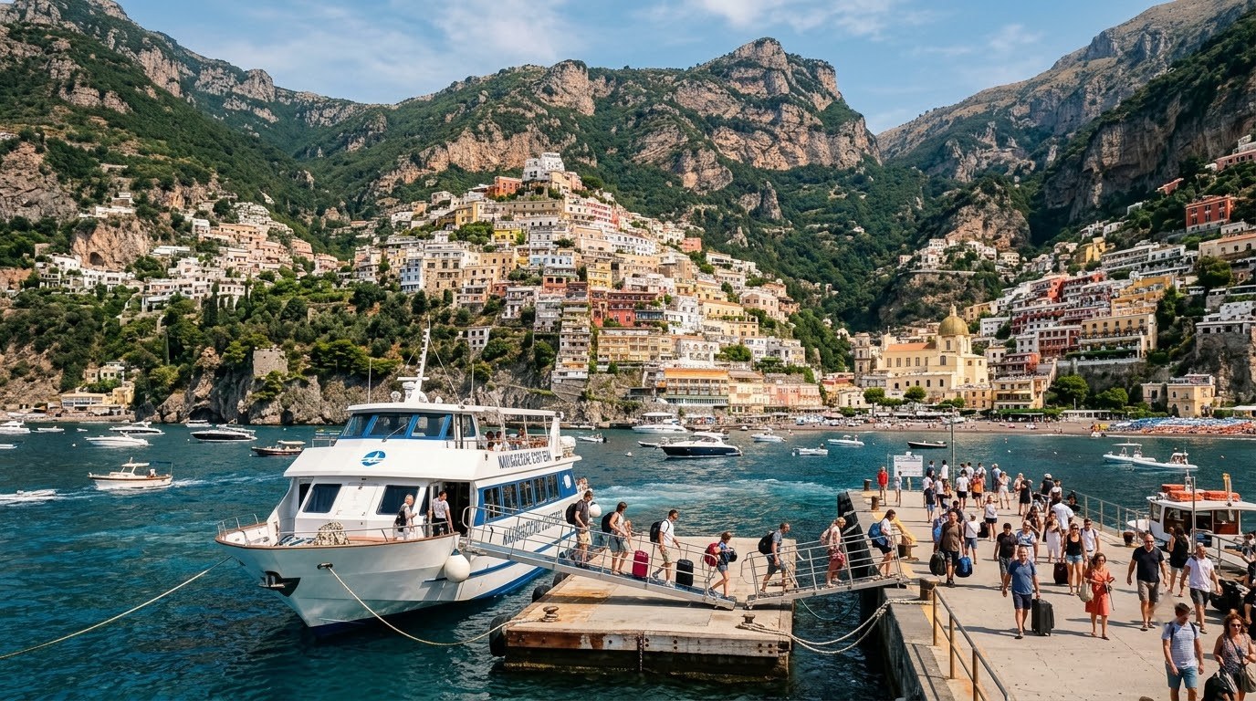 Ferry arriving at the Positano pier on the Amalfi Coast