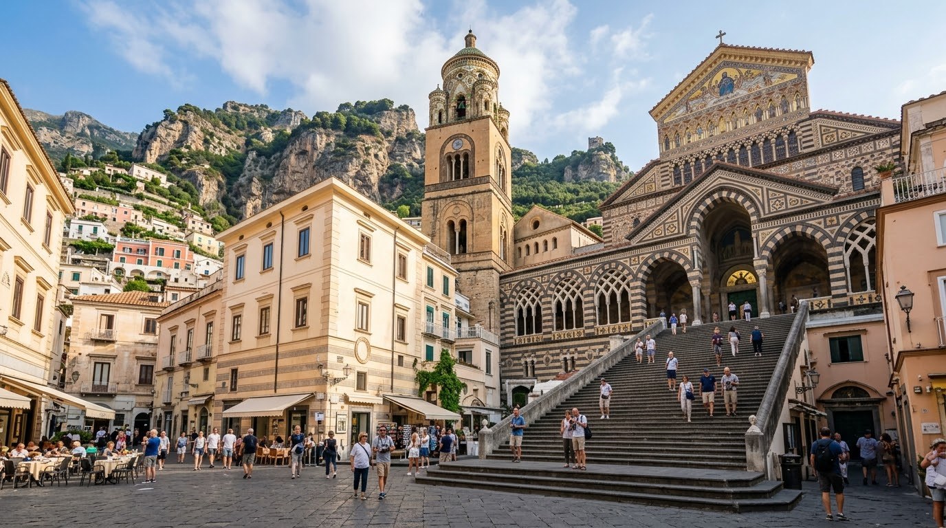 Amalfi Cathedral stairway and piazza on the Amalfi Coast