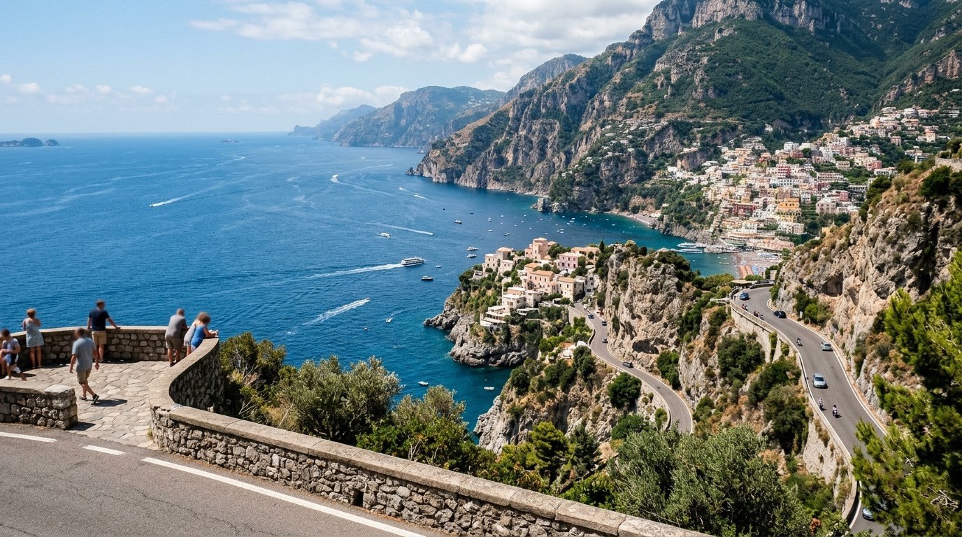 Amalfi Coast cliffs and villages seen from a coastal viewpoint near Positano