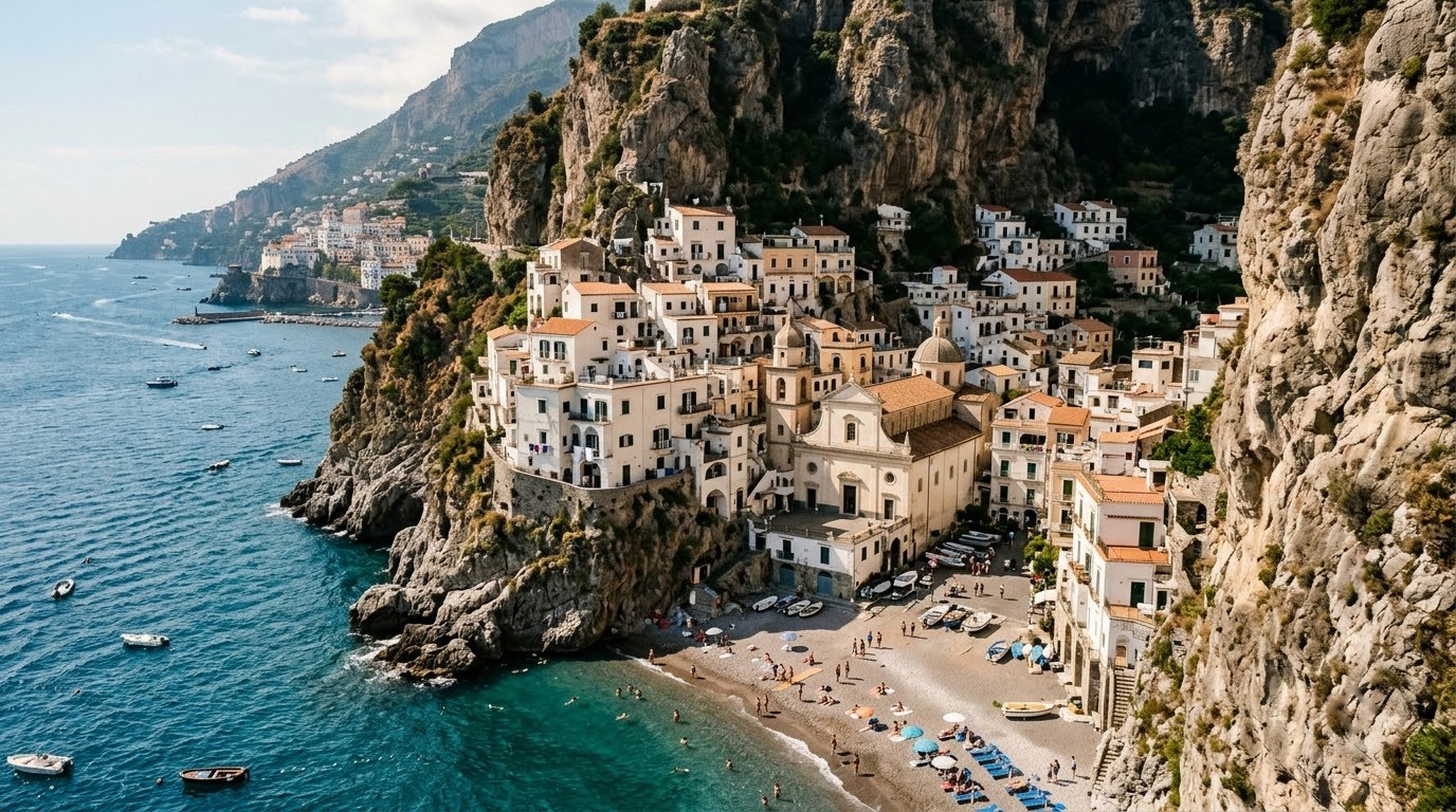 Atrani village tucked into a gorge on the Amalfi Coast
