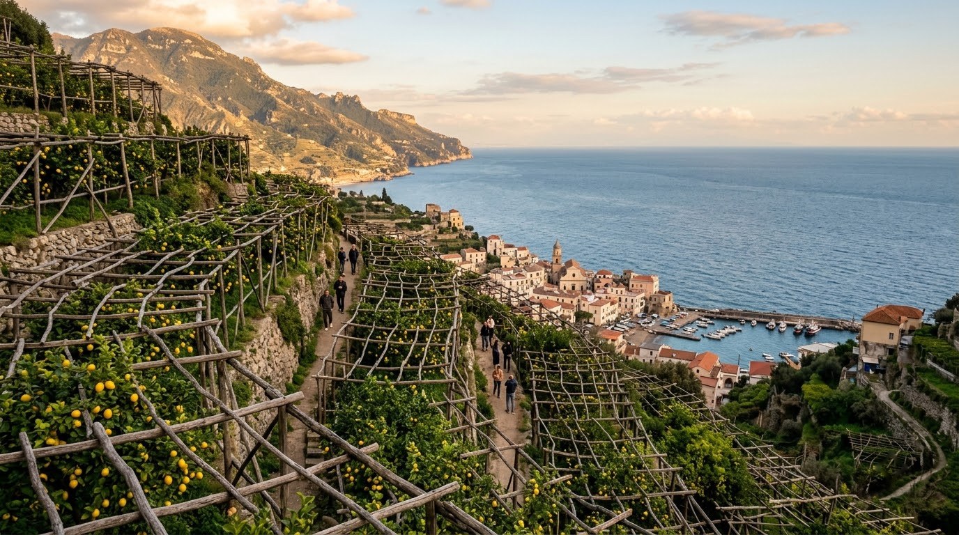 Lemon groves under pergolas above Minori on the Amalfi Coast